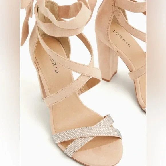 Torrid Nude Pink Embellished Rhinestone Lace up Ankle Strap Sandal Size 8.5 Wide - Picture 3 of 14